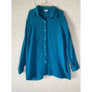 J. Jill Womens Medium Teal Blue Crinkle Gauze Button Down Shirt Long Sleeve